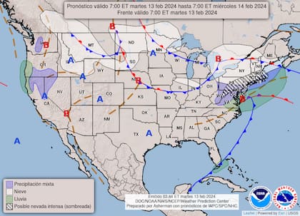 Mapa del pronóstico del clima para el 14 de febrero en Estados Unidos