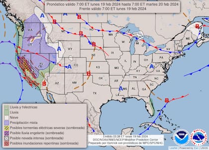 Mapa del pronóstico del clima para el 19 de febrero en Estados Unidos