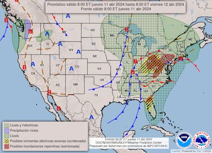 Mapa del pronóstico del clima para el jueves 11 de abril en Estados Unidos