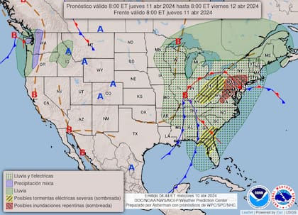 Mapa del pronóstico del clima para el jueves 11 de abril en Estados Unidos