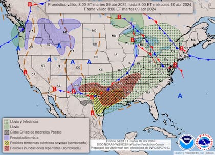 Mapa del pronóstico del clima para el martes 9 de abril en Estados Unidos