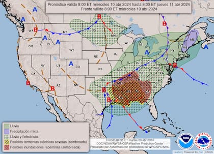 Mapa del pronóstico del clima para el miércoles 10 de abril en Estados Unidos