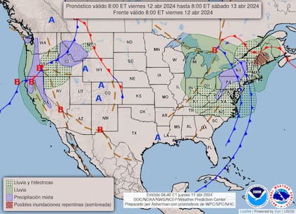 Mapa del pronóstico del clima para el viernes 12 de abril en Estados Unidos