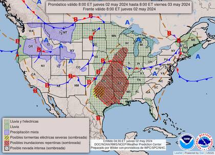 Mapa del pronóstico del clima para este jueves 2 de mayo en Estados Unidos