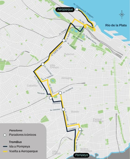 Mapa del recorrido del Trambus y los siete paradores icónicos que licita la Ciudad de Buenos Aires