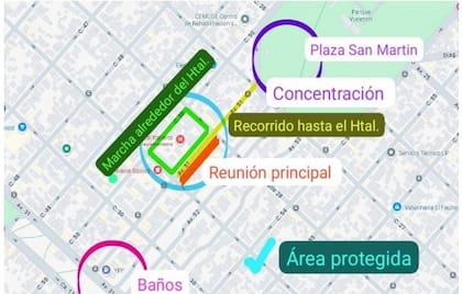 Mapa del recorrido planificado para la marcha del 31 de julio en La Plata, con puntos de concentración, acto central y trayecto alrededor del Hospital Italiano