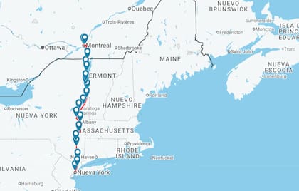 Mapa del viaje en tren de Nueva York a Montreal, que dura 10 horas de camino y tiene paisajes invernales espectaculares (amtrak.com)