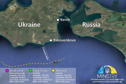 Mapa difundido por las autoridades ucranianas sobre la ubicación de sus barcos al momento de ser capturados por los rusos