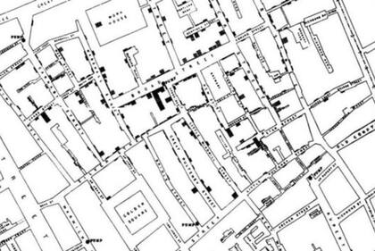 Mapa elaborado por John Snow para investigar un brote de cólera en Londres en el siglo XIX.