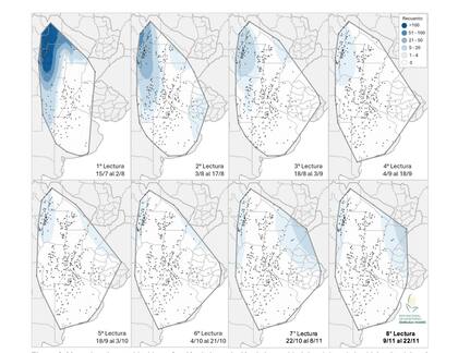 Mapa en función de la evolución de la cantidad de adultos de la chicharrita del maíz (Dalbulus maidis) capturados con trampas cromáticas adhesivas en las localidades relevadas