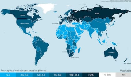 Mapa global del consumo de alcohol per cápita en litros