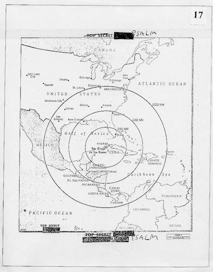 Mapa presentado en la primera sesión del EXCOMM que mostraba el alcance de los misiles nucleares soviéticos presentes en Cuba