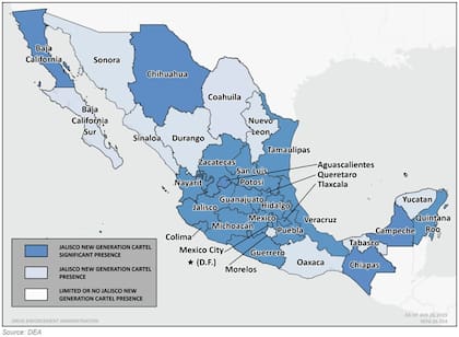 Mapa que muestra el nivel de presencia del grupo criminal CJNG