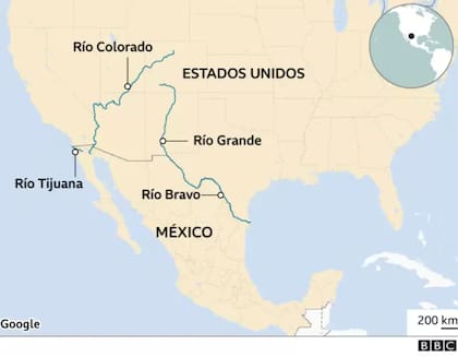 Mapa que muestra ríos que cruzan México y EE.UU