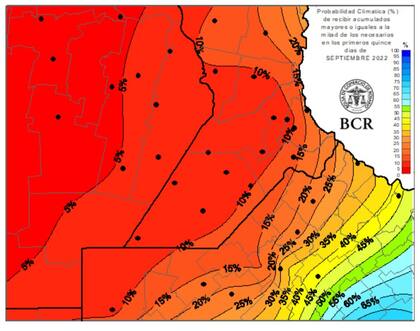 Mapa sobre la probabilidad de que se reciban lluvias iguales o mayores a las necesarias en la zona agrícola núcleo