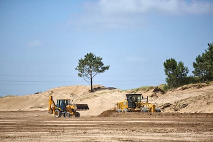 Maquinaria pesada trabaja sobre los médanos y el suelo estabilizado en el predio donde se levanta la futura planta depuradora de Pinamar