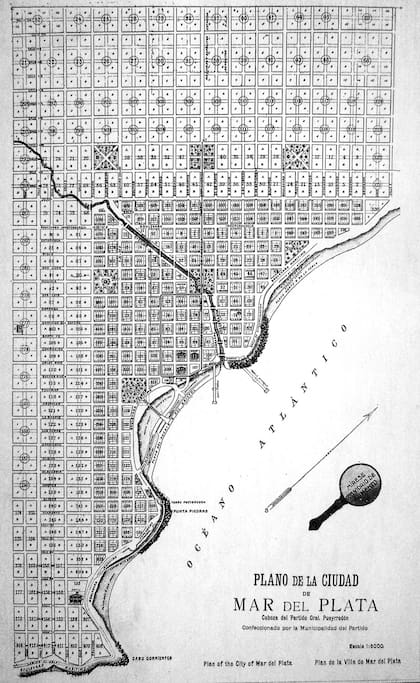 El primer plano del pueblo de Mar del Plata, realizado por el ingeniero Carlos de Chapearouge, en 1874