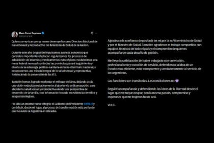 Mara Pérez Reynoso, Directora Nacional de Salud Sexual y Reproductiva del Ministerio de Salud, anunció este martes su salida de la cartera que conduce Mario Lugones