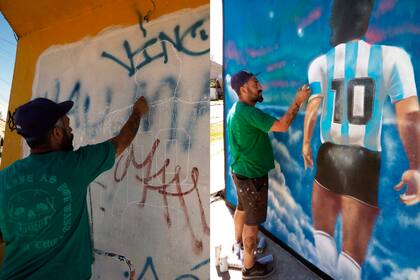 Antes y después. a 80 metros de la puerta de ingreso al cementerio, el artista @OneHumano pintó a Diego llegando al cielo