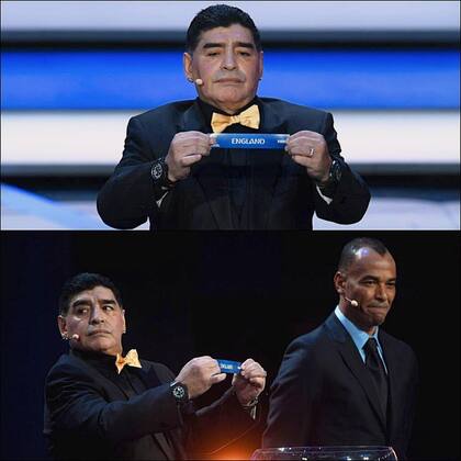 Maradona al sacar la bolilla de Inglaterra en el sorteo de Rusia 2018