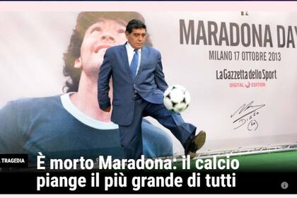La muerte de Diego Maradona, en la portada de la web del diario italiano Gazzetta dello Sport.