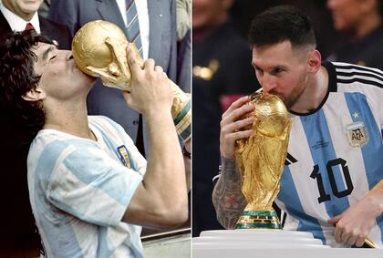 ¿Maradona o Messi? La pregunta volvió a resurgir tras el triunfo en Qatar, aunque ningún futbolero podría elegir entre estos dos genios (Photo by DOMINIQUE FAGET and Adrian DENNIS / AFP)