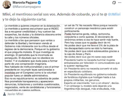 Marcela Pagano publicó un descargo frente a las críticas recibidas por parte de Javier Milei