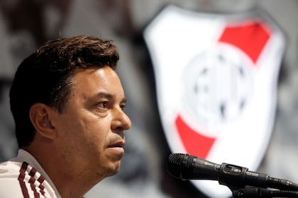 Marcelo Gallardo, DT de River, durante la conferencia de prensa en el predio de Ezeiza luego del entrenamiento de la tarde.