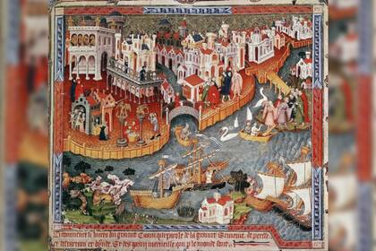 Marco Polo partiendo de Venecia con su padre y su tío en 1271. "Viajes de Marco Polo", manuscrito del siglo XV