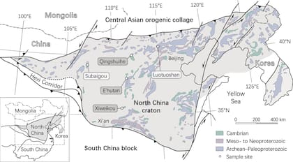 Marco tectónico del norte de China que muestra la distribución del basamento Arcaico a Paleoproterozoico