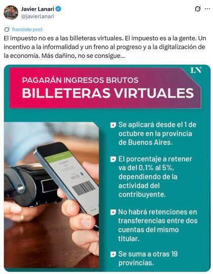 Marcos Galperin opinó sobre el Impuesto a las billeteras virtuales en provincia de Buenos Aires (Fuente: X @javierlanari)
