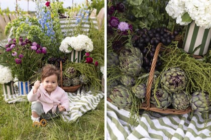 Margarita, la hija de Lucila y Daniel. Para acompañar: acelga, delphiniums azules, hortensias y molucellas que aportan frescura y color.