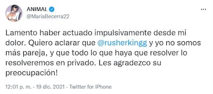 María Becerra utilizó Twitter para confirmar que se separó de Rusher Kingg