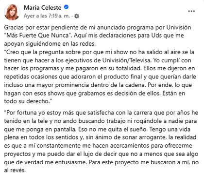 María Celeste comparte un comunicado tras especulaciones sobre su nuevo programa en Univisión (Facebook/ Maria Celeste)