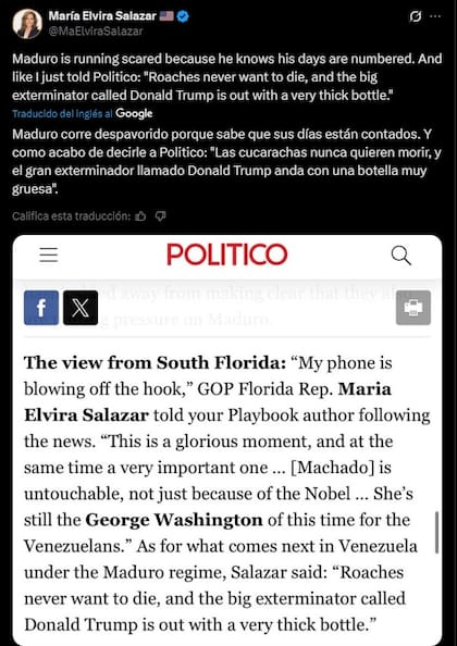 María Elvira Salazar apuntó contra Maduro en redes sociales