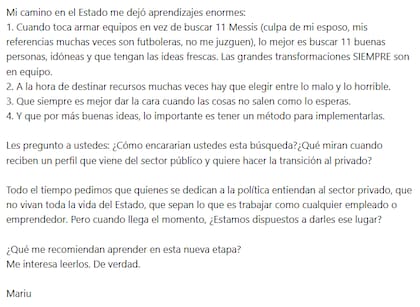 María Eugenia Vidal en su publicación (LinkedIn: María Eugenia Vidal)