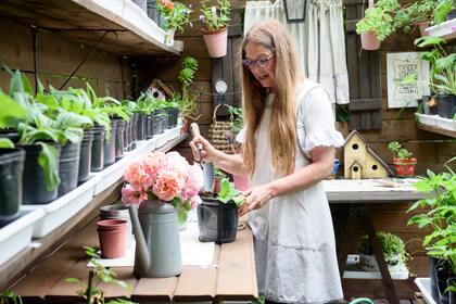 María Fernanda en su casita y rincón de trabajo. Hoy cuenta con más de 300 variedades distintas, como las rosas inglesas.