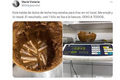 María Victoria subió a su cuenta de X cómo habían dejado para tirar casi un kilo de dulce de leche