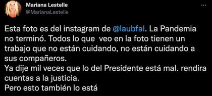 Mariana Lestelle hizo un fuerte descargo en Twitter por una foto de la fiesta Bresh