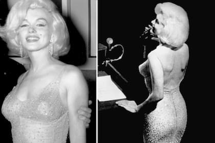 Marilyn Monroe antes de cantar "Feliz cumpleaños" al presidente John F. Kennedy, en 1962, con el famoso vestido


