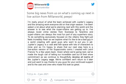 Mark Millar hizo el anuncio a través de su cuenta oficial de Twitter