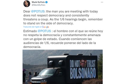 Mark Ruffalo criticó a Bolsonaro en Twitter (Foto: Twitter @Markruffalo)