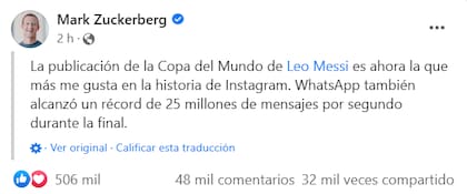 Mark Zuckerberg celebró el hito alcanzado por Lionel Messi en Instagram y contó que también batió un récord en WhatsApp