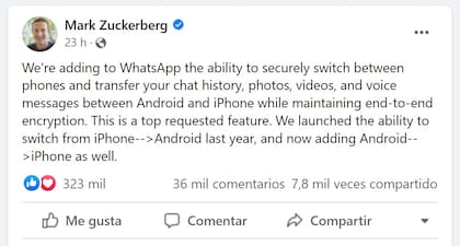 Mark Zuckerberg confirmó que habilitará para todos los usuarios la transferencia de archivos de conversaciones de WhatsApp para personas que pasen de iPhone a Android o viceversa