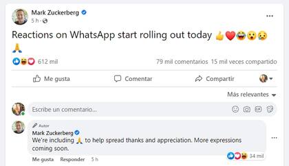 Mark Zuckerberg confirmó que hoy se habilitan las reacciones en WhatsApp