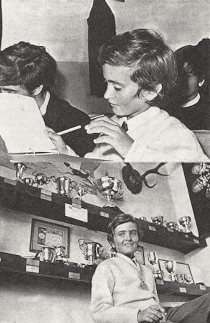 Martín Billoch en la escuela y con los trofeos