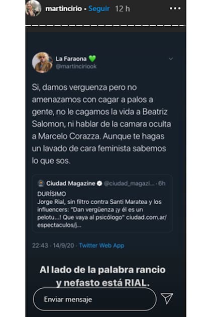 Martín Cirio, conocido como "La Faraona", le respondió a Jorge Rial y demostró su enojo con el periodista