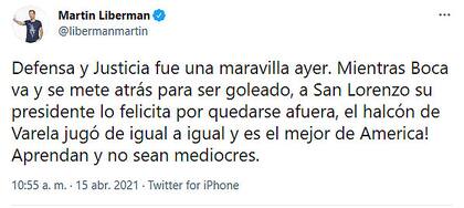 Martín Liberman felicitó a Defensa y Justica y cargó contra Boca y San Lorenzo