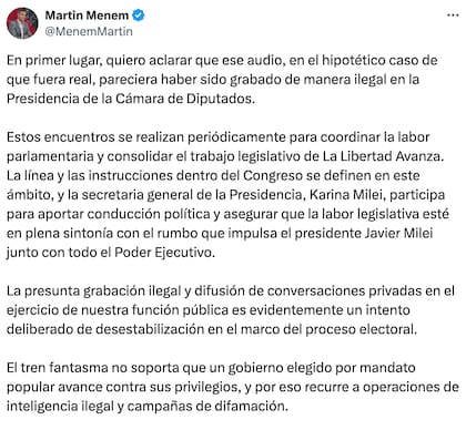 Martín Menem calificó la filtración como “un intento deliberado de desestabilización” (X; @MenemMartin)