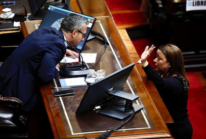 Martín Menem, presidente de Diputados, conversa con Cecilia Moreau, de Unión por la Patria